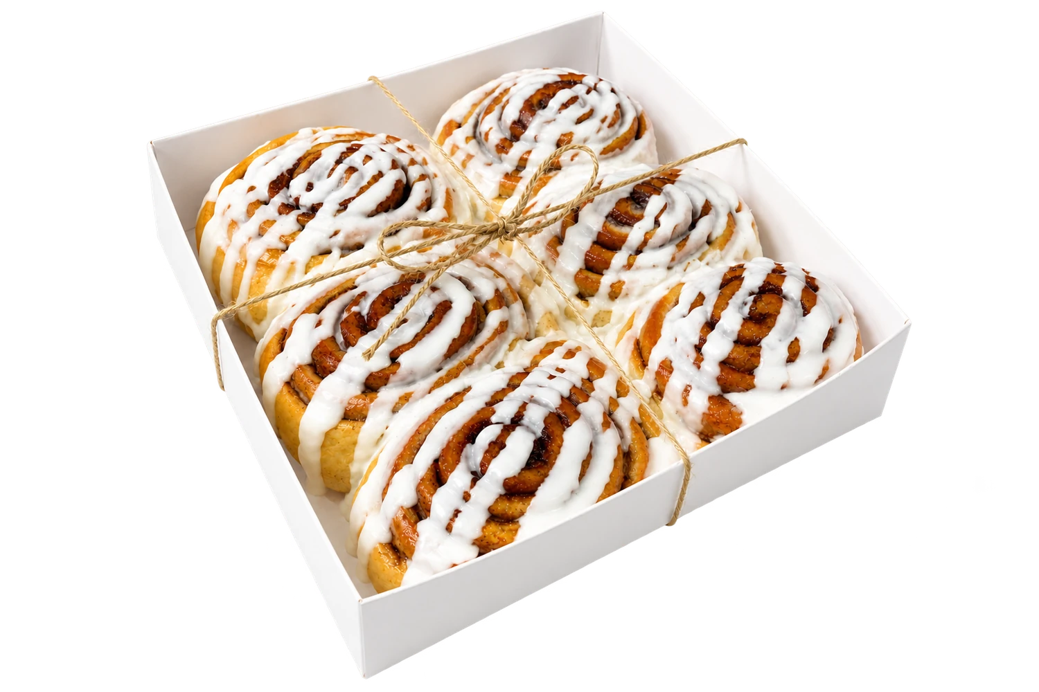 Six iced Sugar and Crumbs cinnamon buns tied with twine in a white gift box