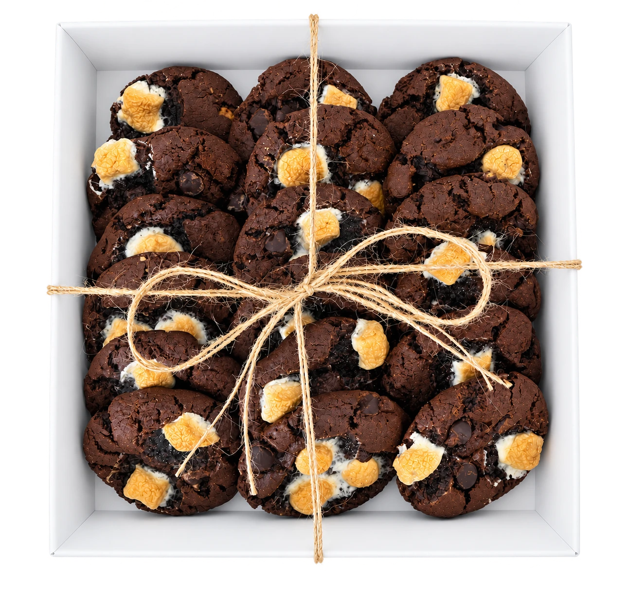 A tied gift box filled with Sugar and Crumbs chocolate s’mores cookies