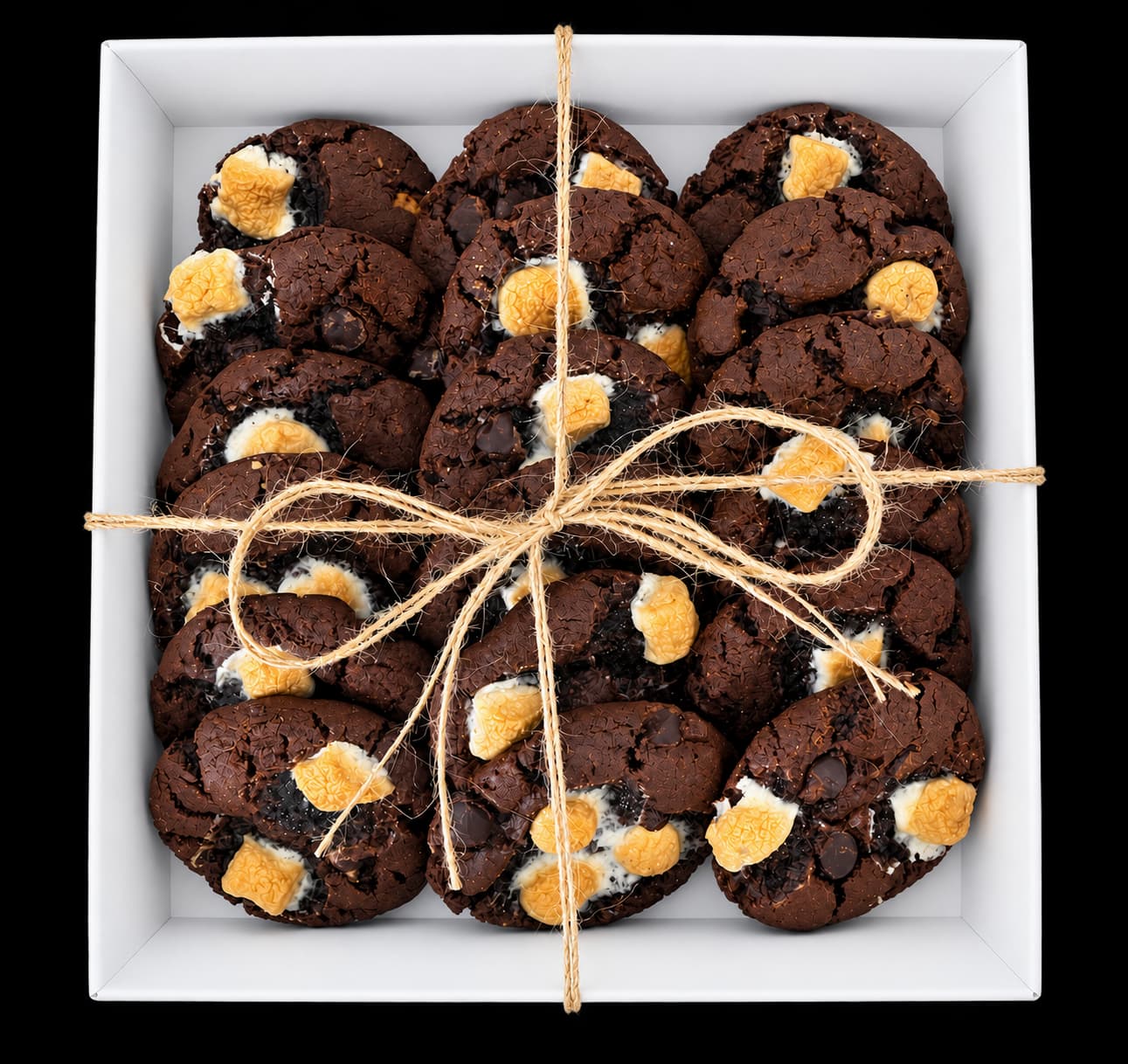A gift box filled with rich chocolate s’mores cookies