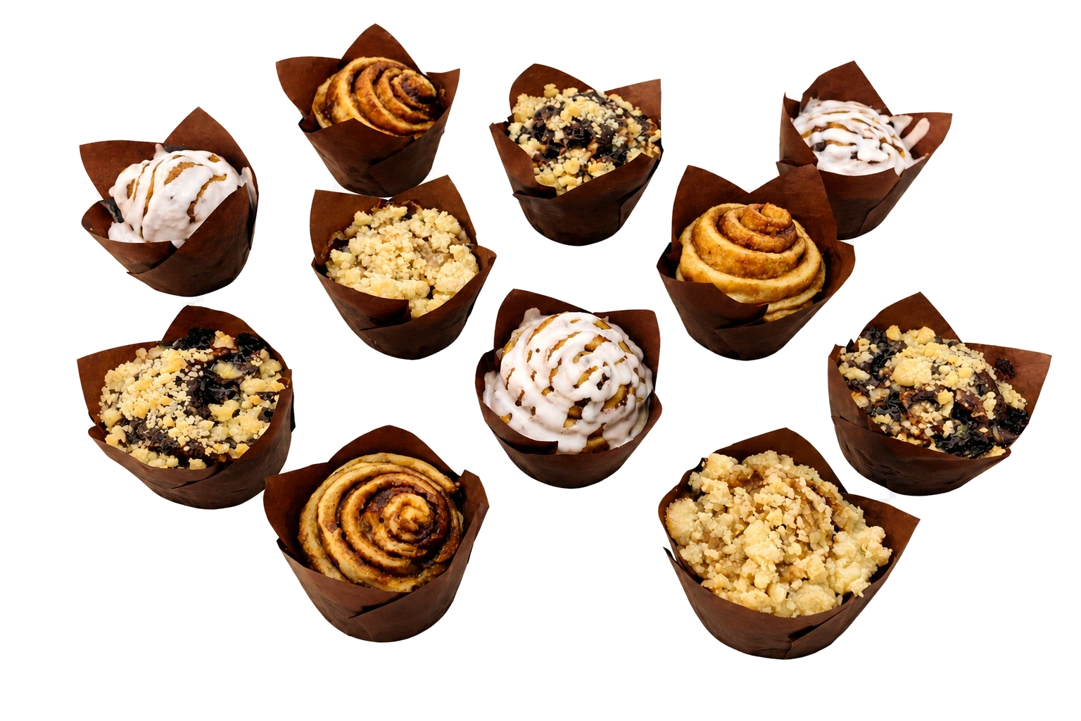 Ten assorted Sugar and Crumbs babka muffins with crumble, icing and chocolate finishes