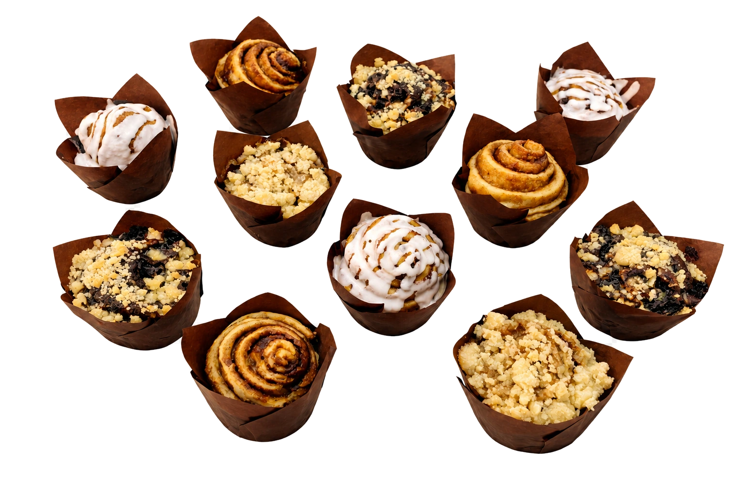 Ten assorted handmade babka muffins with cinnamon, chocolate, icing and crumble