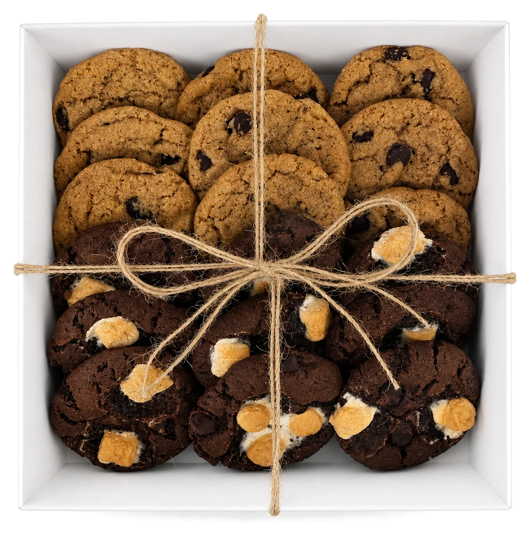 Mixed gift box of chocolate chip and chocolate s’mores cookies tied with twine