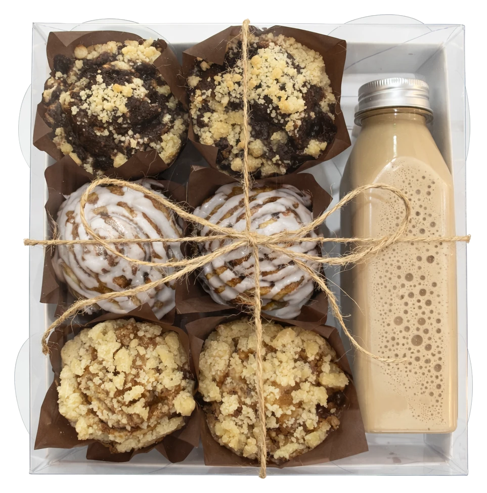 Assorted muffins and bottled iced coffee tied in a clear gift box